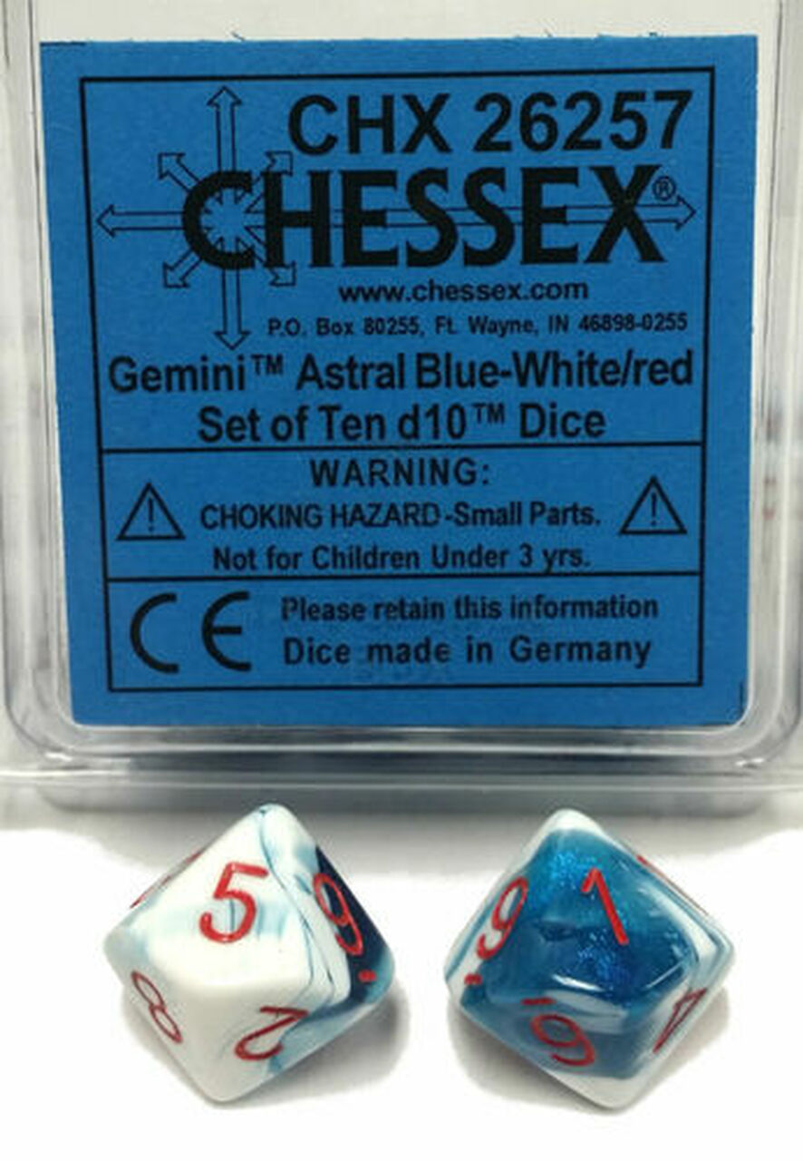 Gemini Astral Blue-White w/red d10 Dice (10 dice) CHX26257 - Dice Sets & Games