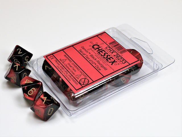 Gemini Black-Red/gold d10 Dice (10 dice) CHX26233 - Dice Sets & Games