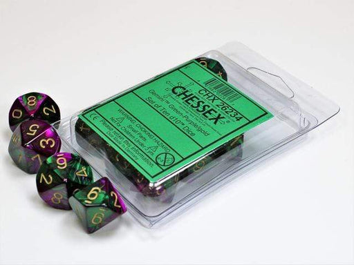 Gemini Green-Purple/gold d10 Dice (10 dice) CHX26234 - Dice Sets & Games
