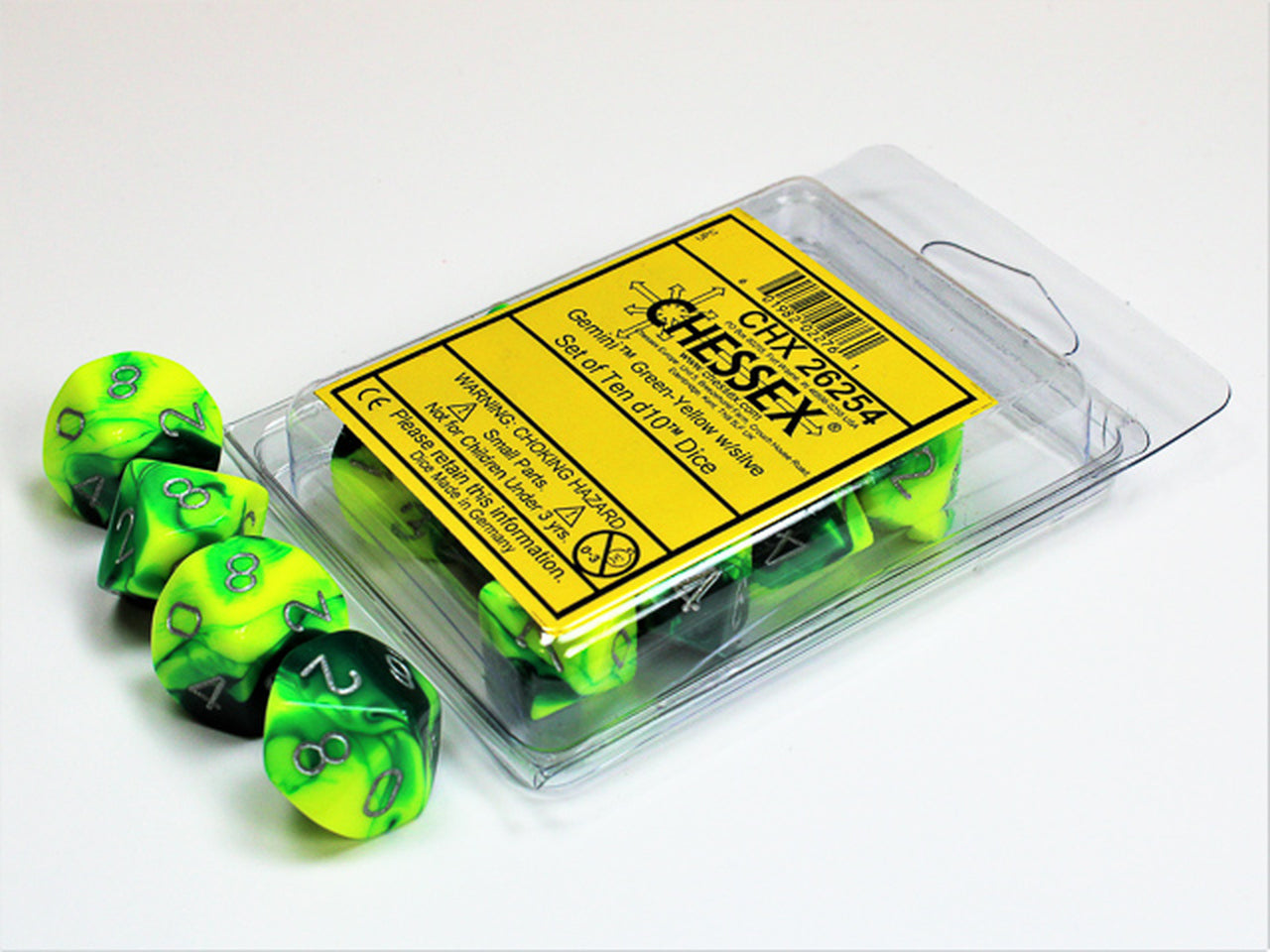 Gemini Green-Yellow w/silver d10 Dice (10 dice) CHX26254 - Dice Sets & Games