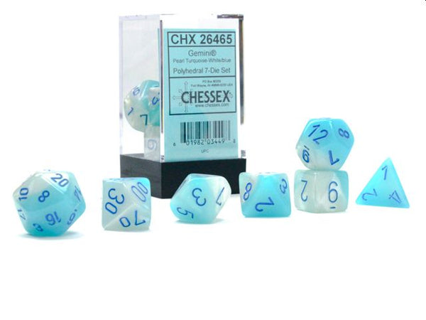 Gemini Pearl Turquoise-White/blue Polyhedral 7-Die Set 26465 - Dice Sets & Games