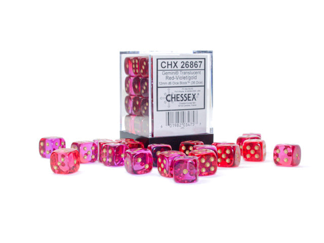 Gemini Translucent Red-Violet/gold 12mm d6 Dice Block (36 dice) CHX26867 - Dice Sets & Games