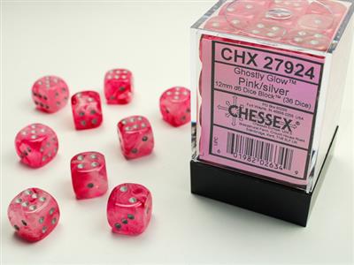 Ghostly Glow 12mm d6 Pink/silver Dice Block (36 dice) CHX27924 - Dice Sets & Games
