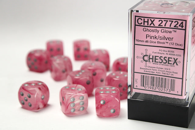 Ghostly Glow 16mm d6 Pink/silver Dice Block (12 dice) CHX27724 - Dice Sets & Games