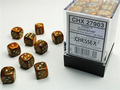 Glitter 12mm d6 Gold/silver Dice Block (36 dice) CHX27903 - Dice Sets & Games