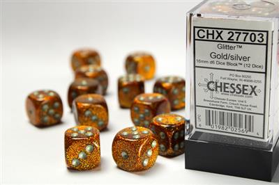 Glitter 16mm d6 Gold/silver Dice Block (12 dice) CHX27703 - Dice Sets & Games
