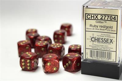 Glitter 16mm d6 Ruby/gold Dice Block (12 dice) CHX27704 - Dice Sets & Games