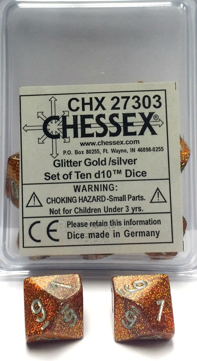 Glitter Gold/silver d10 Dice (10 dice) CHX27303 - Dice Sets & Games