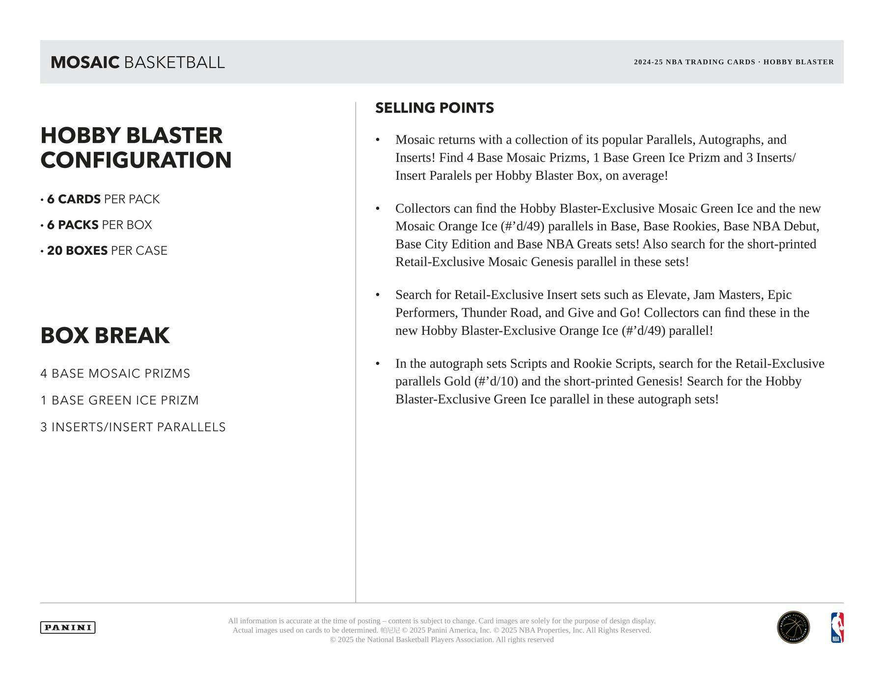 2024/25 Panini Mosaic Basketball Hobby Blaster Box (Green Ice Prizm) - NBA Hobby Box