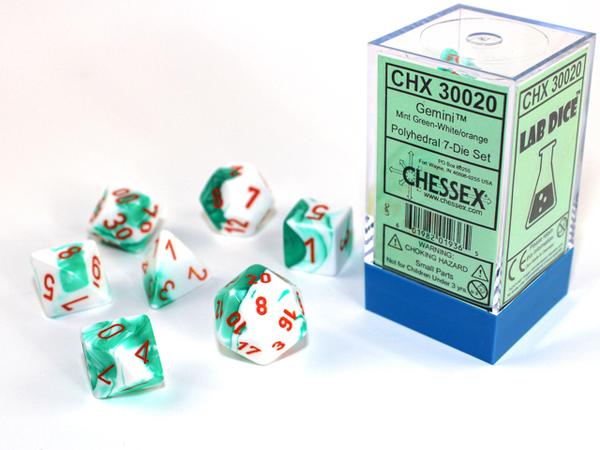 Lab Dice Gemini Mint Green-White/orange Polyhedral 7-Die Set CHX30020 - Dice Sets & Games