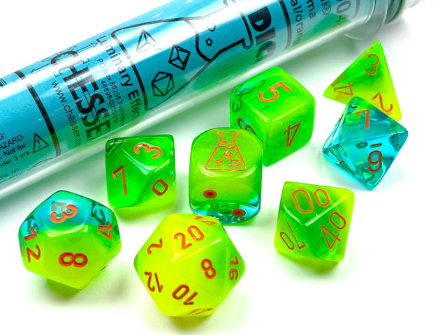 Lab Dice Gemini Plasma Green-Teal/orange Polyhedral 7-Die Set CHX30048 - Dice Sets & Games