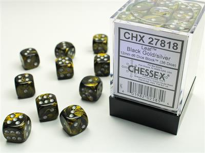 Leaf 12mm d6 Black Gold/silver Dice Block (36 dice) CHX27818 - Dice Sets & Games
