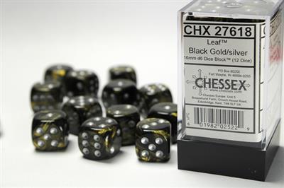 Leaf 16mm d6 Black Gold/silver Dice Block (12 dice) CHX27618 - Dice Sets & Games