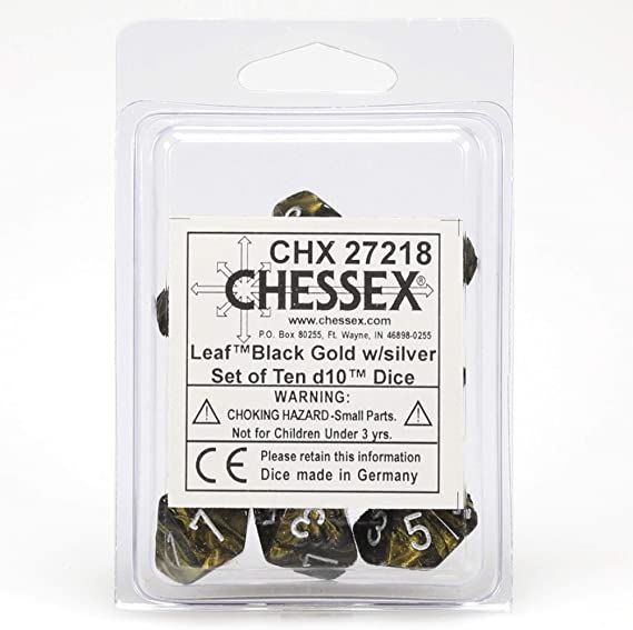 Leaf Black Gold/silver d10 Dice (10 dice) CHX27218 - Dice Sets & Games