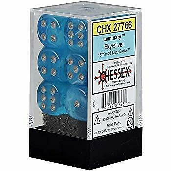 Luminary 16mm d6 Sky/silver Dice Block (12 dice) CHX27766 - Dice Sets & Games