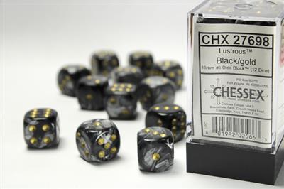 Lustrous 16mm d6 Black/gold Dice Block (12 dice) CHX27698 - Dice Sets & Games