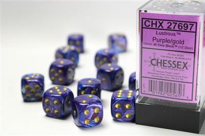 Lustrous 16mm d6 Purple/gold Dice Block (12 dice) CHX27697 - Dice Sets & Games