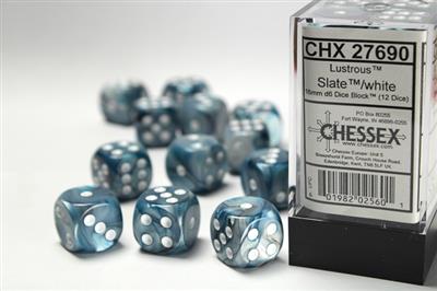 Lustrous 16mm d6 Slate/white Dice Block (12 dice) CHX27690 - Dice Sets & Games