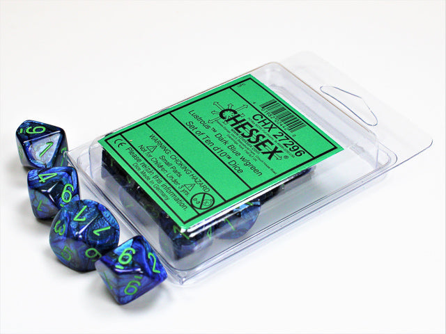 Lustrous Dark Blue w/green d10 Dice (10 dice) CHX27296 - Dice Sets & Games