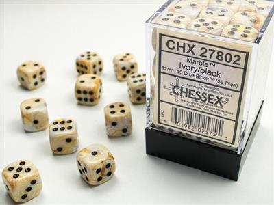 Marble 12mm d6 Ivory/black Dice Block (36 dice) CHX27802 - Dice Sets & Games