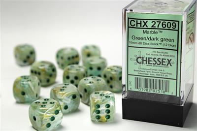 Marble 16mm d6 Green/dark green Dice Block (12 dice) CHX27609 - Dice Sets & Games