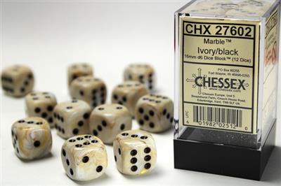 Marble 16mm d6 Ivory/black Dice Block (12 dice) CHX27602 - Dice Sets & Games