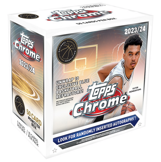 MEGA 2023/24 Topps Chrome Basketball Monster Box (10 Blue Refractors) 50 Cards - NBA Hobby Box