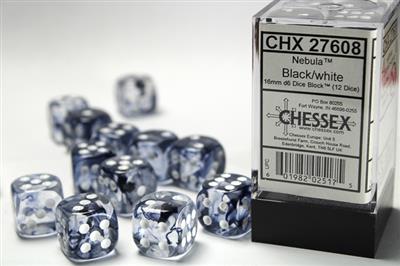 Nebula 16mm d6 Black/white Dice Block (12 dice) CHX27608 - Dice Sets & Games