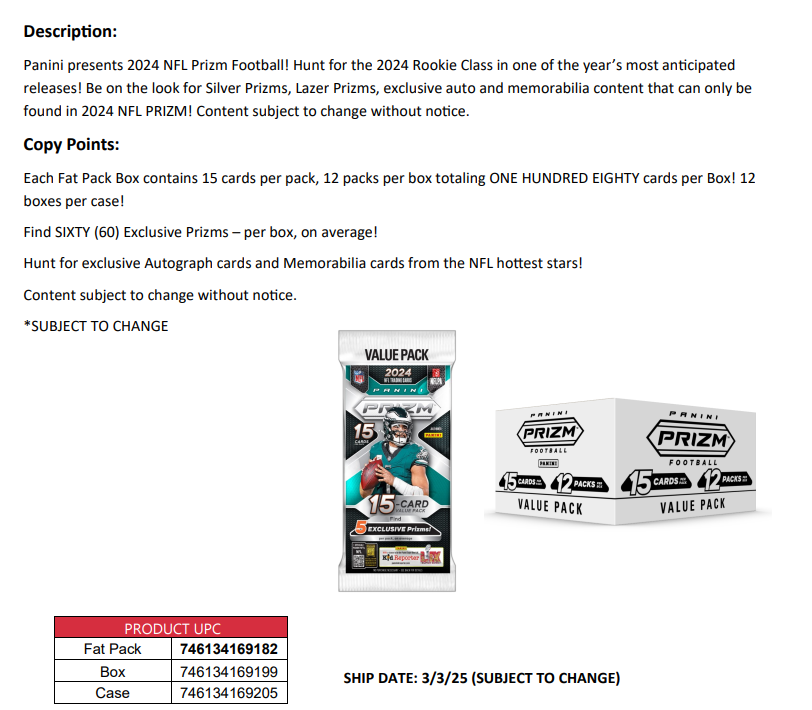 ONE PACK of 2024 Panini Prizm NFL Football Factory Sealed Fat Pack Cello (Red White & Blue Prizms) - NFL Packs