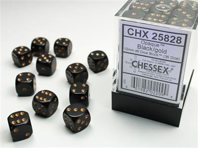 Opaque 12mm d6 Black/gold Dice Block (36 dice) CHX25828 - Dice Sets & Games