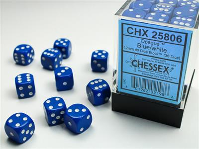 Opaque 12mm d6 Blue/white Dice Block (36 dice) CHX25806 - Dice Sets & Games