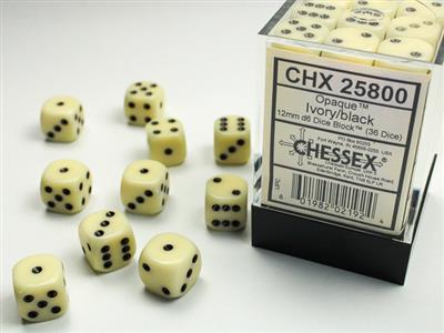 Opaque 12mm d6 Ivory/black Dice Block (36 dice) CHX25800 - Dice Sets & Games