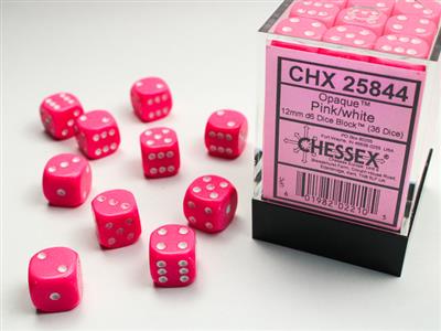 Opaque 12mm d6 Pink/white Dice Block (36 dice) CHX25844 - Dice Sets & Games