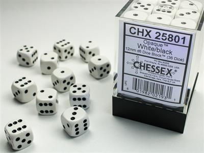 Opaque 12mm d6 White/black Dice Block (36 dice) CHX25801 - Dice Sets & Games