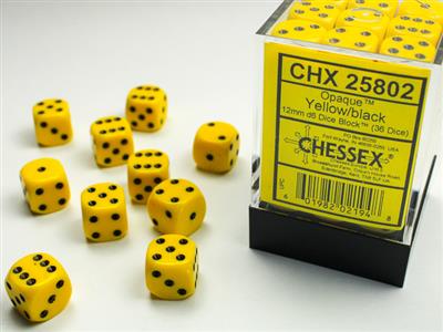 Opaque 12mm d6 Yellow/black Dice Block (36 dice) CHX25802 - Dice Sets & Games