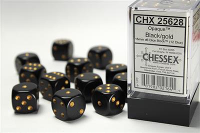 Opaque 16mm d6 Black/gold Dice Block (12 dice) CHX25628 - Dice Sets & Games