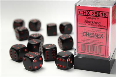 Opaque 16mm d6 Black/red Dice Block (12 dice) CHX25618 - Dice Sets & Games