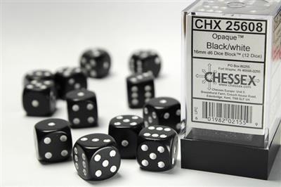 Opaque 16mm d6 Black/white Dice Block (12 dice) CHX25608 - Dice Sets & Games