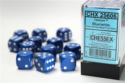 Opaque 16mm d6 Blue/white Dice Block (12 dice) CHX25606 - Dice Sets & Games