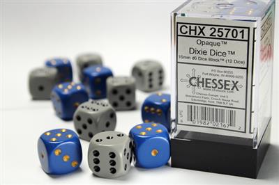 Opaque 16mm d6 Dixie Dice 12-Die Set (6 Blue/yellow 6 Dark Grey/black) CHX25701 - Dice Sets & Games