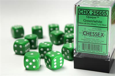 Opaque 16mm d6 Green/white Dice Block (12 dice) CHX25605 - Dice Sets & Games