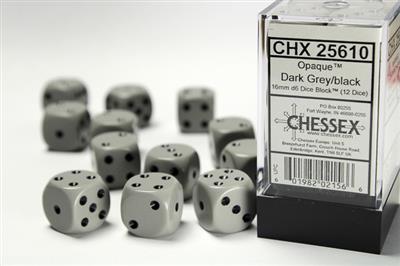 Opaque 16mm d6 Grey/black Dice Block (12 dice) CHX25610 - Dice Sets & Games