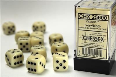 Opaque 16mm d6 Ivory/black Dice Block (12 dice) CHX25600 - Dice Sets & Games