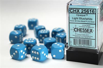Opaque 16mm d6 Light Blue/white Dice Block (12 dice) CHX25616 - Dice Sets & Games