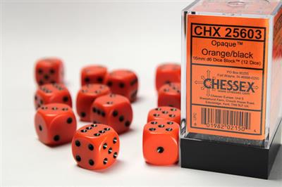 Opaque 16mm d6 Orange/black Dice Block (12 dice) CHX25603 - Dice Sets & Games