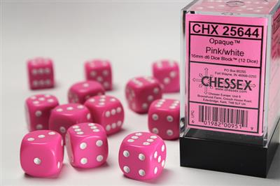 Opaque 16mm d6 Pink/white Dice Block (12 dice) CHX25644 - Dice Sets & Games