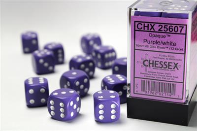Opaque 16mm d6 Purple/white Dice Block (12 dice) CHX25607 - Dice Sets & Games