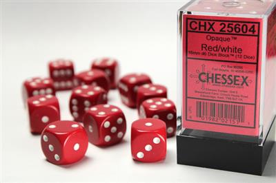 Opaque 16mm d6 Red/white Dice Block (12 dice) CHX25604 - Dice Sets & Games
