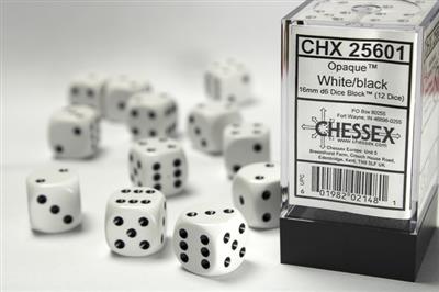 Opaque 16mm d6 White/black Dice Block (12 dice) CHX25601 - Dice Sets & Games