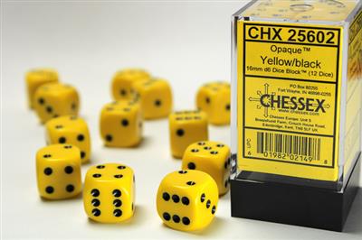 Opaque 16mm d6 Yellow/black Dice Block (12 dice) CHX25602 - Dice Sets & Games